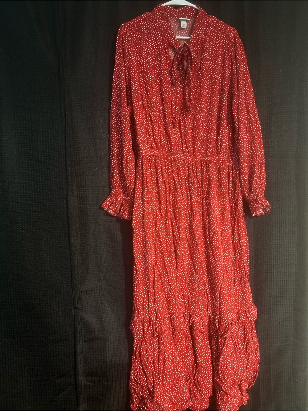 Ava & Viv Red Long-Sleeve Tie-Neck Prairie Style Maxi Dress w/ White Polka Dots